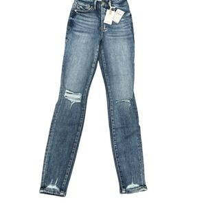 Good American Ripped Knee Skinny Jeans Distressed Denim Blue Size 00/24‎ NWT